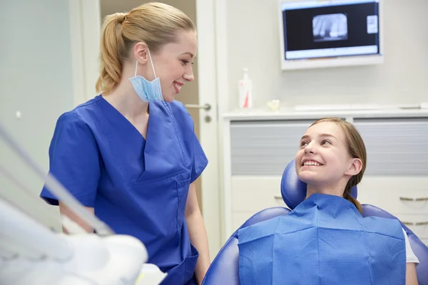 Lyckliga kvinnliga tandläkare med tålmodiga tjej på klinik — Stockfoto