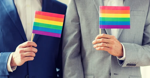 Close up of male gay couple holding rainbow flags — Stock Photo, Image