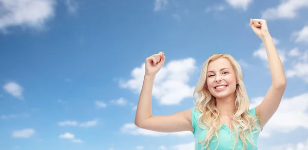 Happy young woman or teen girl celebrating victory — Stock Photo, Image