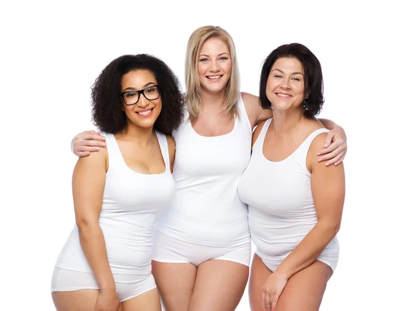 Group of happy plus size women in white underwear — Stock Photo, Image
