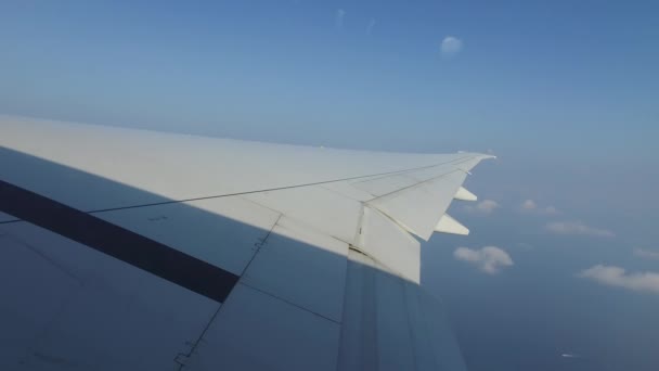 Wing of airplane flying in blue sky — Stock Video