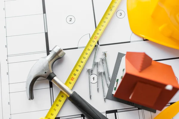 Close up of house blueprint with building tools — Stock Photo, Image