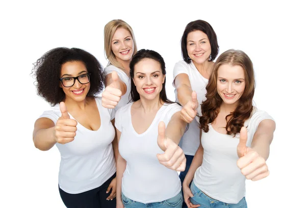 Skupina happy různých žen, ukazuje palec — Stock fotografie