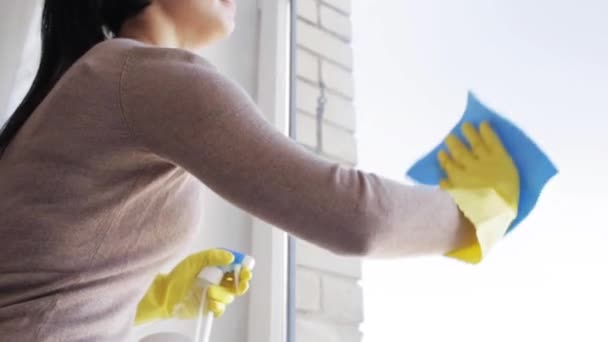 Mujer en guantes ventana de limpieza con trapo — Vídeos de Stock