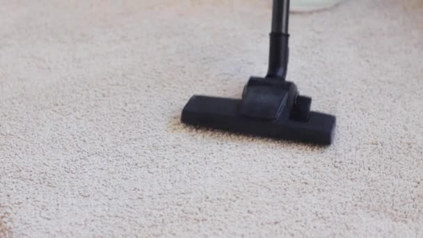Woman with vacuum cleaner cleaning carpet at home — Stock Video