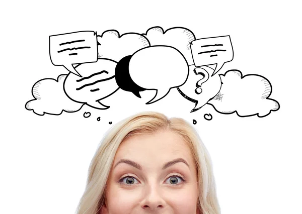 Happy young woman face with text bubble doodles — Stock Photo, Image