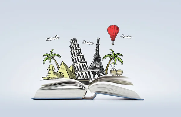 Open book with landmarks drawing — Stock Photo, Image