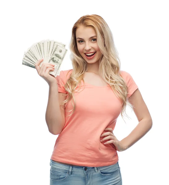 Happy young woman with usa dollar cash money — Stock Photo, Image