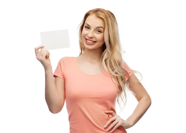 Happy woman or teen girl with blank white paper Royalty Free Stock Images