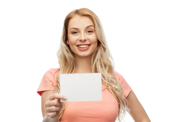 Femme heureuse ou jeune fille avec du papier blanc vierge — Photo