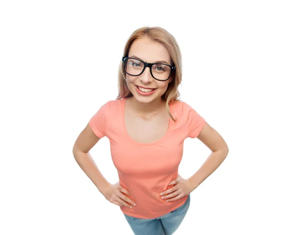 Mujer joven feliz o adolescente en gafas graduadas — Foto de Stock