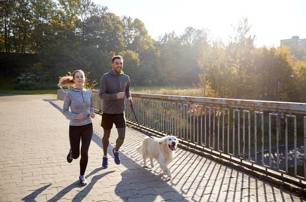 Happy couple with dog running outdoors — Stock Photo, Image