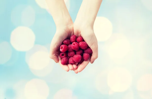 Close up of woman hands holding raspberries — Stock Photo, Image