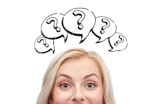 Happy young woman head with question marks — Stock Photo, Image