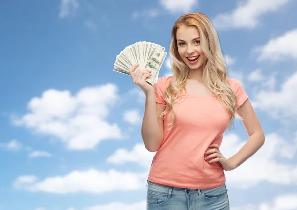 Happy young woman with usa dollar cash money — Stock Photo, Image