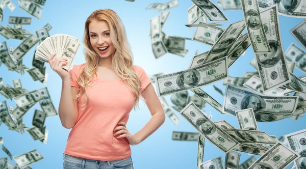 幸福的年轻女人，与美国美元现金 — 图库照片