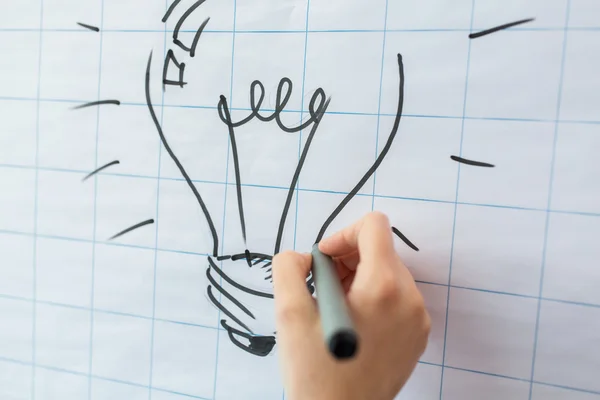 Close up of hand drawing light bulb on flip chart — Stock Photo, Image
