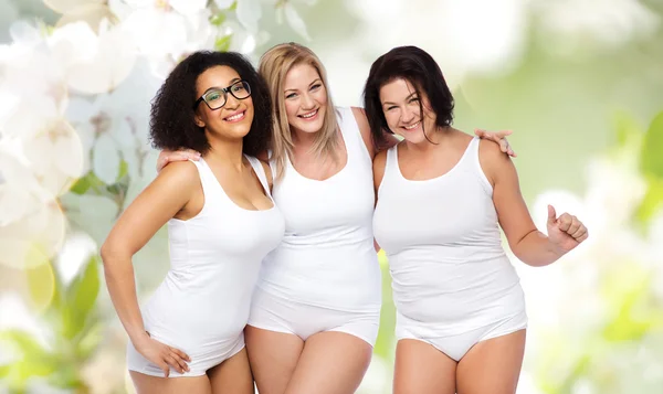 Groep van gelukkig plus size vrouwen in wit ondergoed — Stockfoto