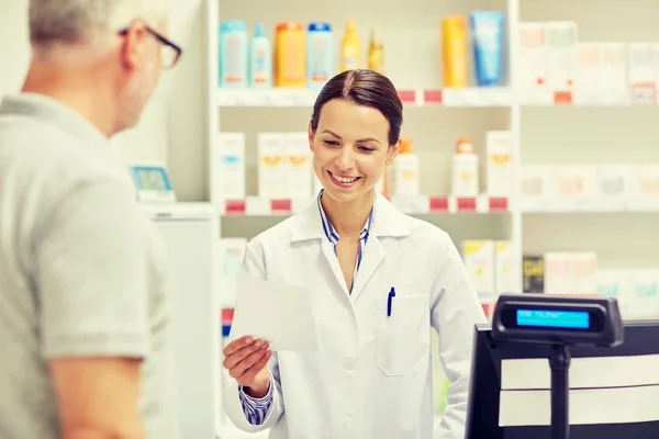 Farmacéutico lectura prescripción y hombre mayor — Foto de Stock