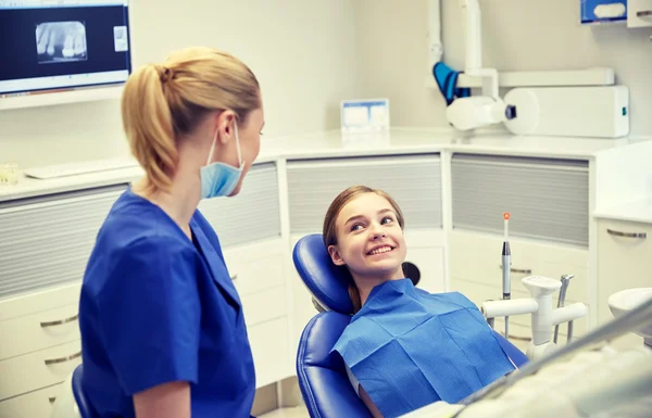 Dentista mujer feliz con chica paciente en la clínica —  Fotos de Stock