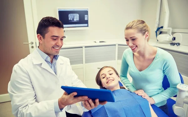 Dentist showing tablet pc to girl and her mother — Stock Photo, Image