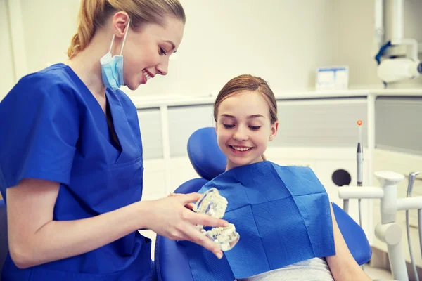 Dentiste heureux montrant modèle de mâchoire à la fille patiente — Photo