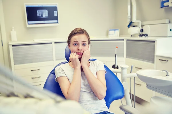 Strach a hrůzu pacientů dívka na zubní klinice — Stock fotografie