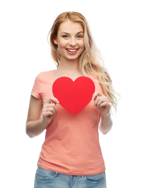 Happy woman or teen girl with red heart shape — Stock Photo, Image