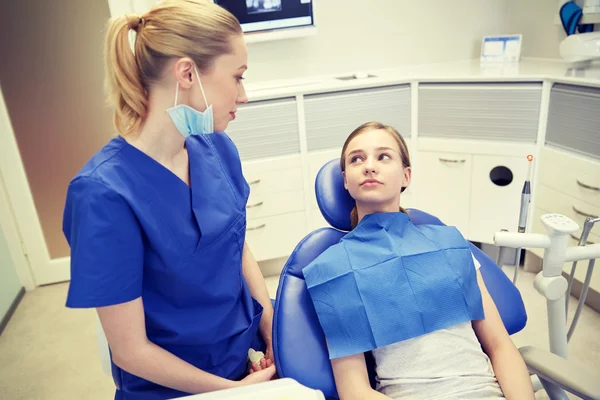 Dentista feliz do sexo feminino com a menina paciente na clínica — Fotografia de Stock