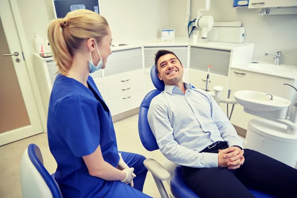 Dentista mujer feliz con el hombre paciente en la clínica —  Fotos de Stock