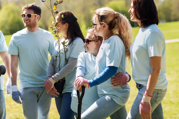 Gruppe freiwilliger Helfer mit Bäumen und Schaufel im Park — Stockfoto