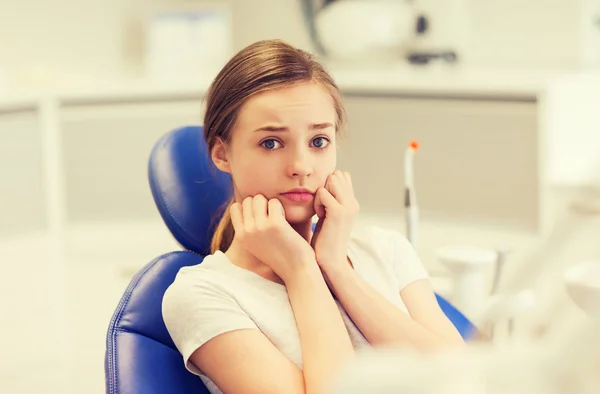 Menina paciente assustada e aterrorizada na clínica odontológica — Fotografia de Stock