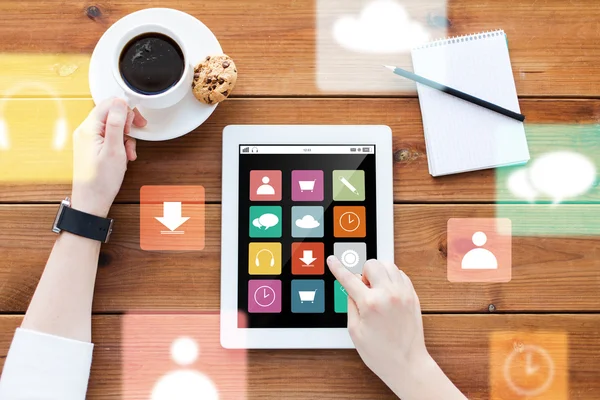 Close up of woman with menu icons on tablet pc — Stock Photo, Image