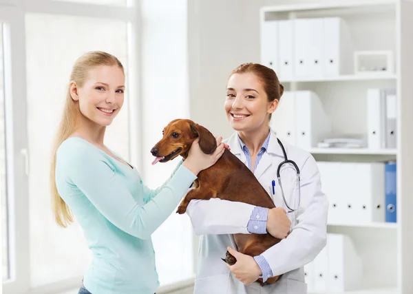 Mulher feliz com cão e médico na clínica veterinária — Fotografia de Stock