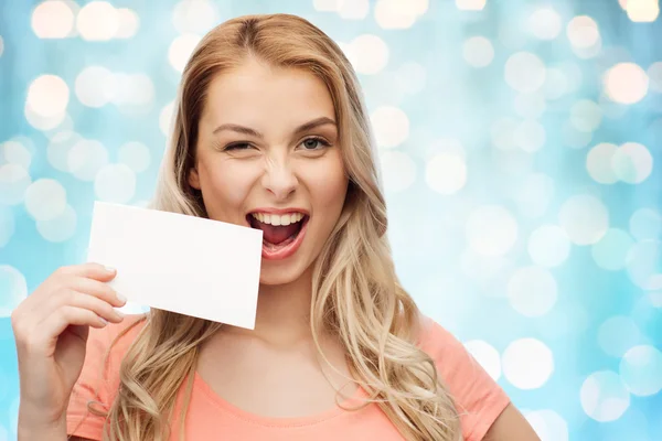 Happy woman or teen girl with blank white paper — Stock Photo, Image