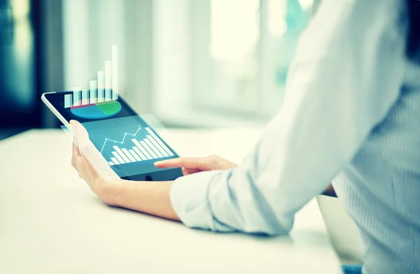 Primer plano de las manos de la mujer con la tableta PC en la oficina — Foto de Stock