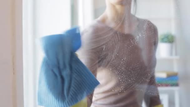 Vrouw in venster met doek schoonmaken handschoenen — Stockvideo