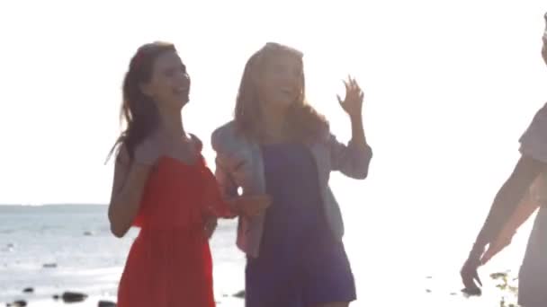 Group of smiling women or girls dancing on beach 12 — Stock Video