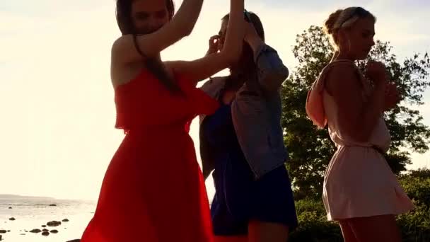 Группа счастливых женщин или девушек, танцующих на пляже 43 — стоковое видео