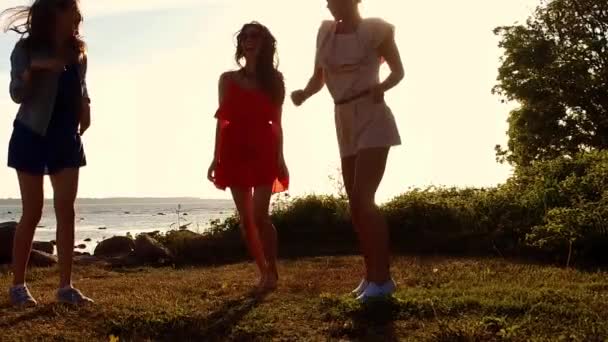 幸せな女性または女の子 50 のビーチでダンスのグループ — ストック動画