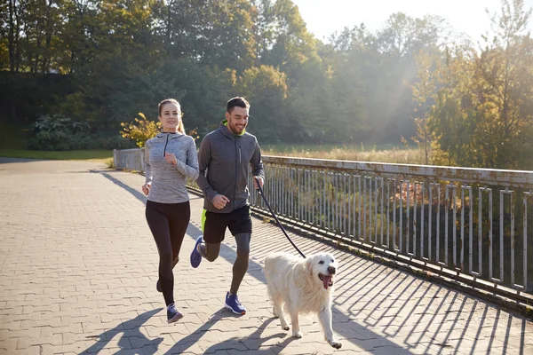 Feliz pareja con perro corriendo al aire libre —  Fotos de Stock