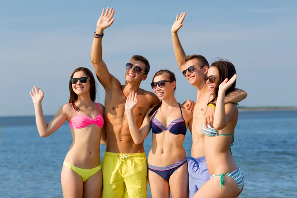 Amigos sonrientes en gafas de sol en la playa de verano —  Fotos de Stock