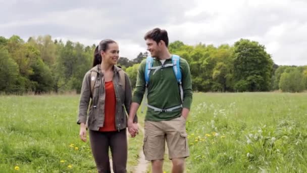 Casal feliz com mochilas caminhadas ao ar livre — Vídeo de Stock