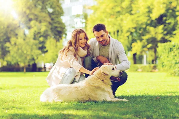 Happy couple with labrador dog — Stock Photo, Image