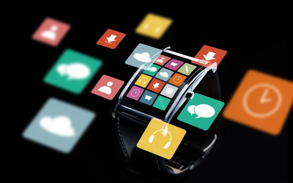 Close up of smart watch with menu icons on screen — Stock Photo, Image