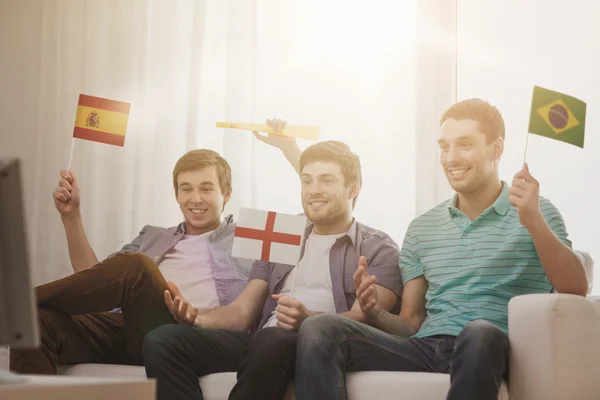 Felizes amigos do sexo masculino com bandeiras e vuvuzela — Fotografia de Stock