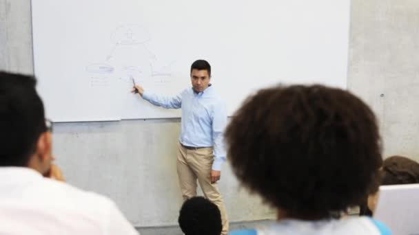 Alunos e professor em placa branca em palestra — Vídeo de Stock