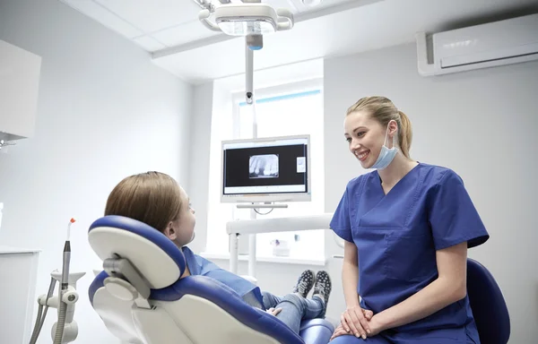 Dentista feliz do sexo feminino com a menina paciente na clínica — Fotografia de Stock