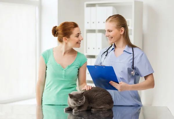 Happy woman with cat and doctor at vet clinic — Stock Photo, Image