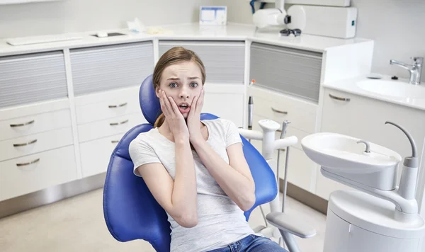 Испуганная и напуганная пациентка в стоматологической клинике — стоковое фото